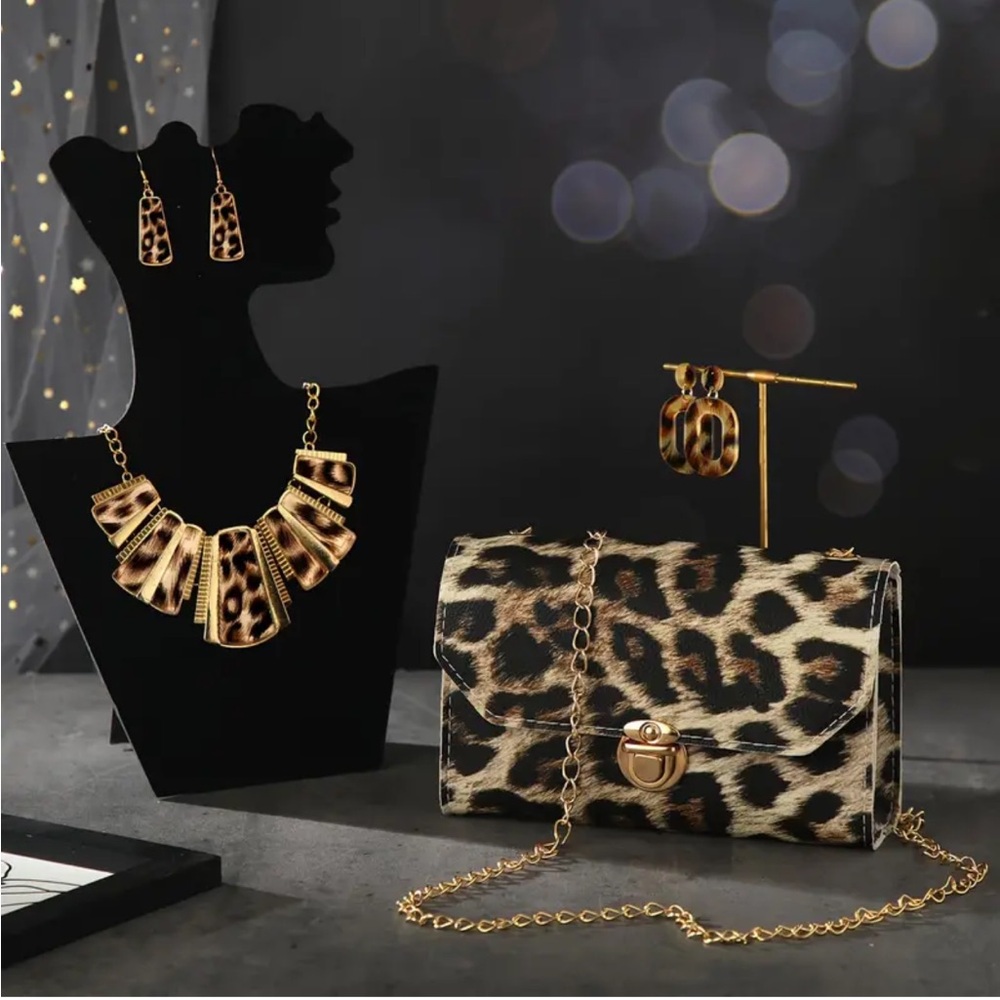 Chic 5-pc Leopard Print Boho Jewelry Set - Clutch, Earrings, Bracelet & Necklace